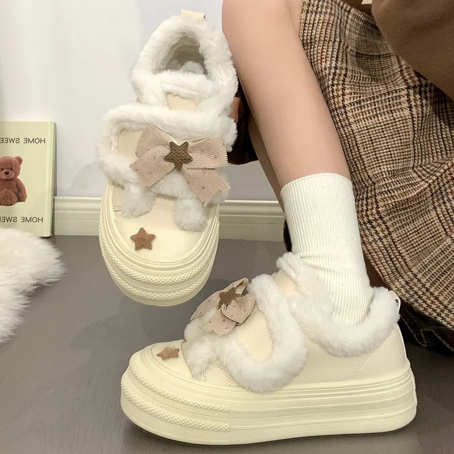 

2025 Autumn/winter New Cream Thick Bottom White Shoes Lolita Girls Wear Fury Warm Cotton Shoes With Velvet Versatile