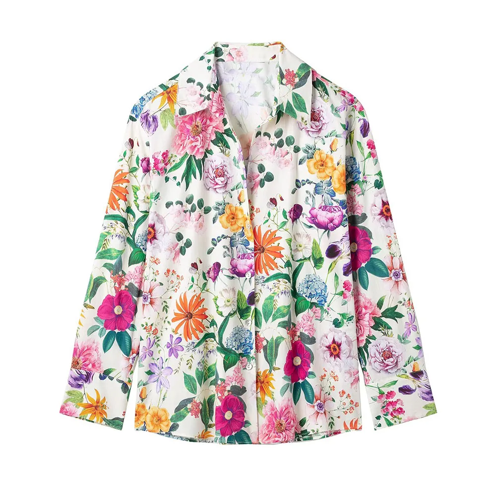 

TRAF Women 2025 Spring New Fashion Lazy Style Flower Print Shirt Chic Lapel Button All-Match Long Sleeve Top Blouses Mujer