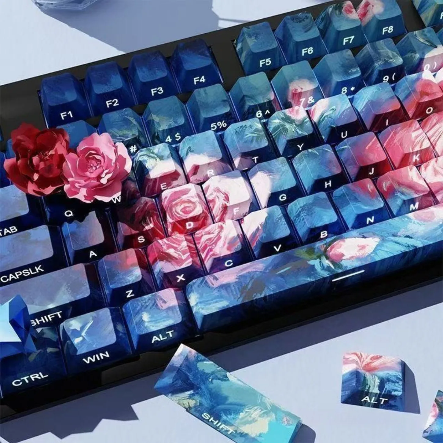 

Rose Oil Painting Style Cherry Keycap PBT Side Engraved Translucent Characters Suitable for 60/64/84/98/108 Mechanical Keyboard