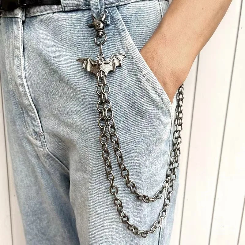 Retro punk style high street cool dark trend with bat pants chain jeans belt men and women all-match view 4