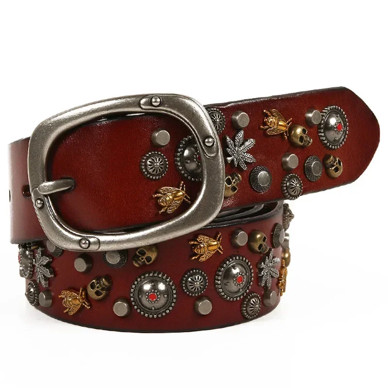 3.8CM Fashionable Designer Belt for Men and Women, Punk Style Riveted Belt, Head Layer Cowhide Belt