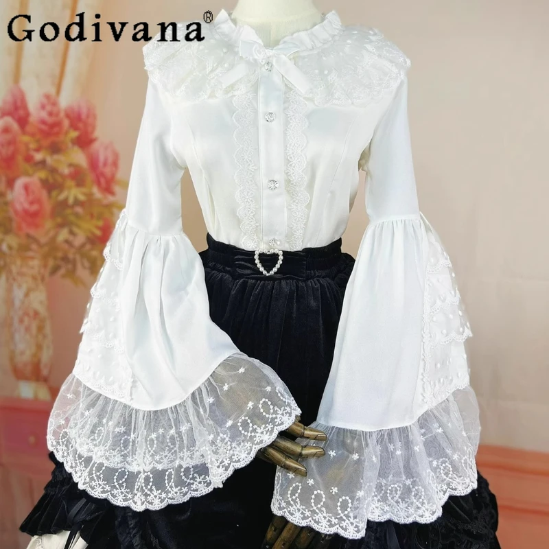 

Elegant Lolita Long Sleeve Sweet Lace Slim Chiffon Shirt Girls New Spring Summer Gorgeous Flare Sleeves Court Versatile Blouse