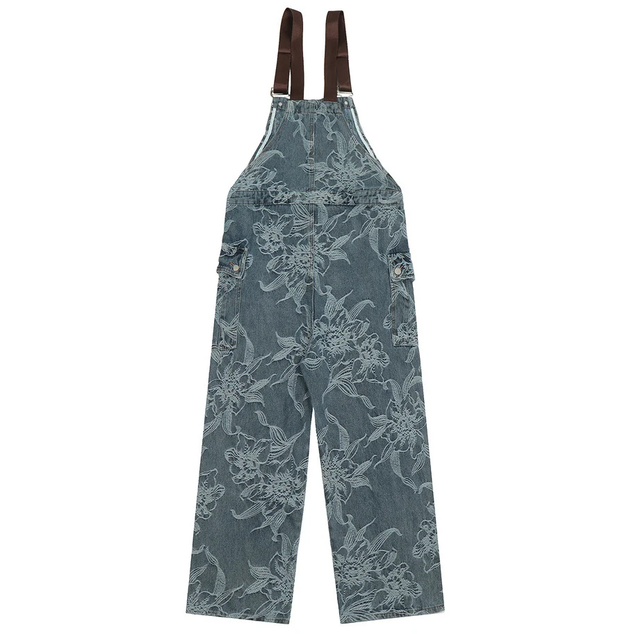 Men Flower Jacquard Woven Denim Bib Overalls Loose Floral Pattern Cotton Jeans Suspenders Jumpsuits Coveralls Dungarees