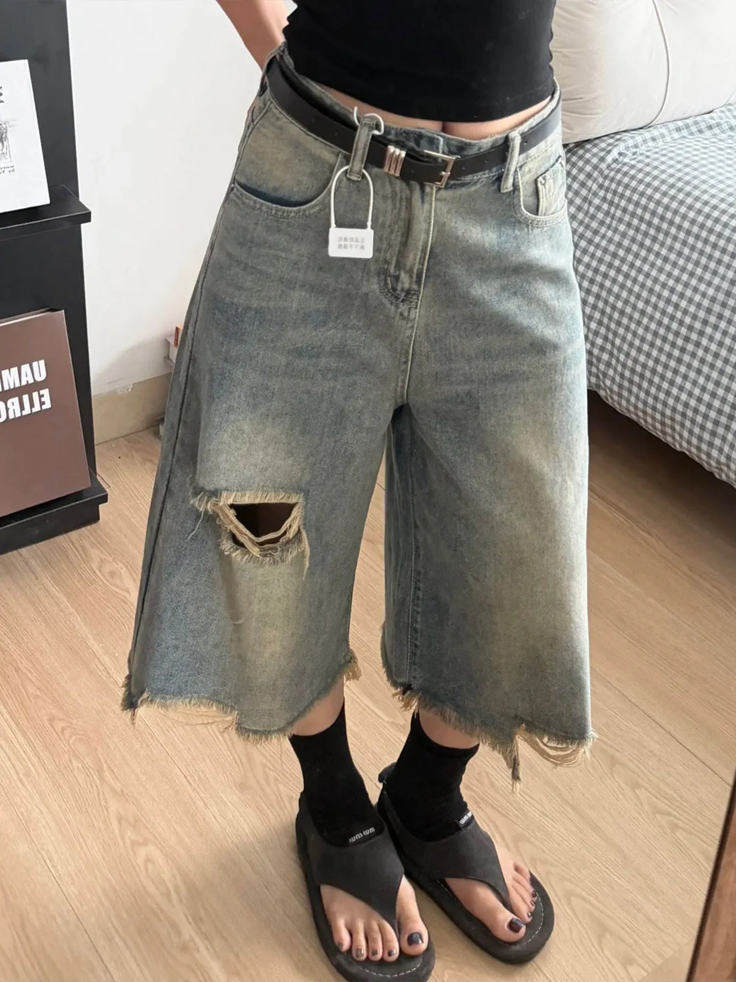 

Washed Denim Seven-Foot Pants Women's Summer Slimming Straight Leg Jeans High Waist Wide Leg Pants Casual High Quality