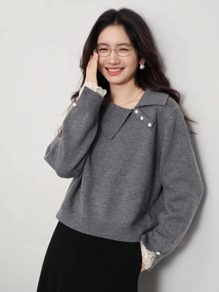 ALXNAN سترات رمادية من الدانتيل المرقعة بياقة مائلة وأزرار فضفاضة تناسب البلوفرات القصيرة بحاشية مرنة ملابس نسائية رومانسية L57319