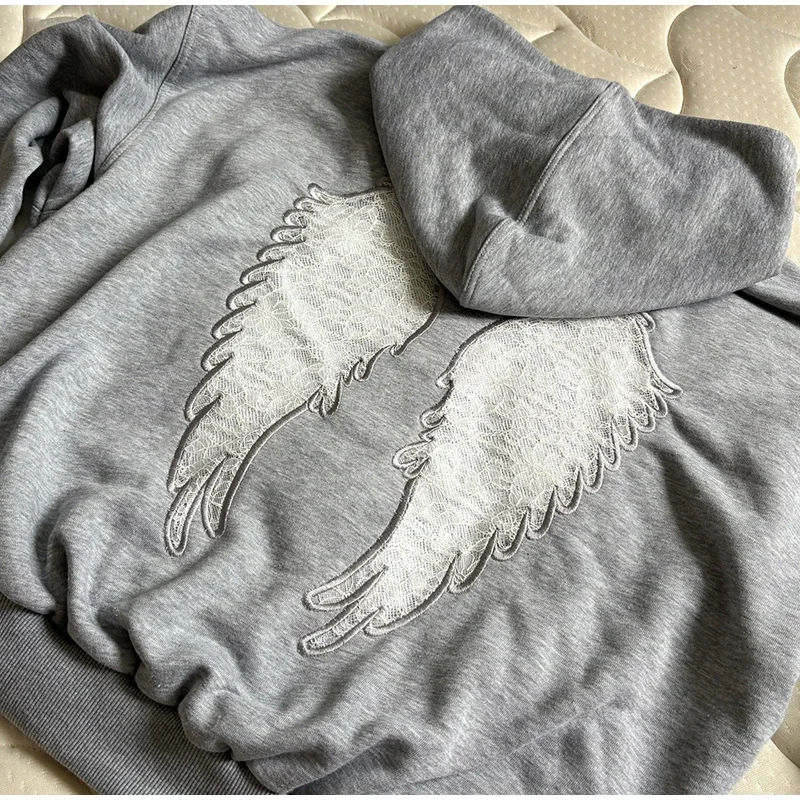 Damen-Oberteile, Oversize-Cropped-Hoodie-Pullover mit Rückenverzierung aus Spitze, Engelsflügel-Stickerei-Patch, Kapuzenpullover, Gothic-Langarmjacken – Detail 5