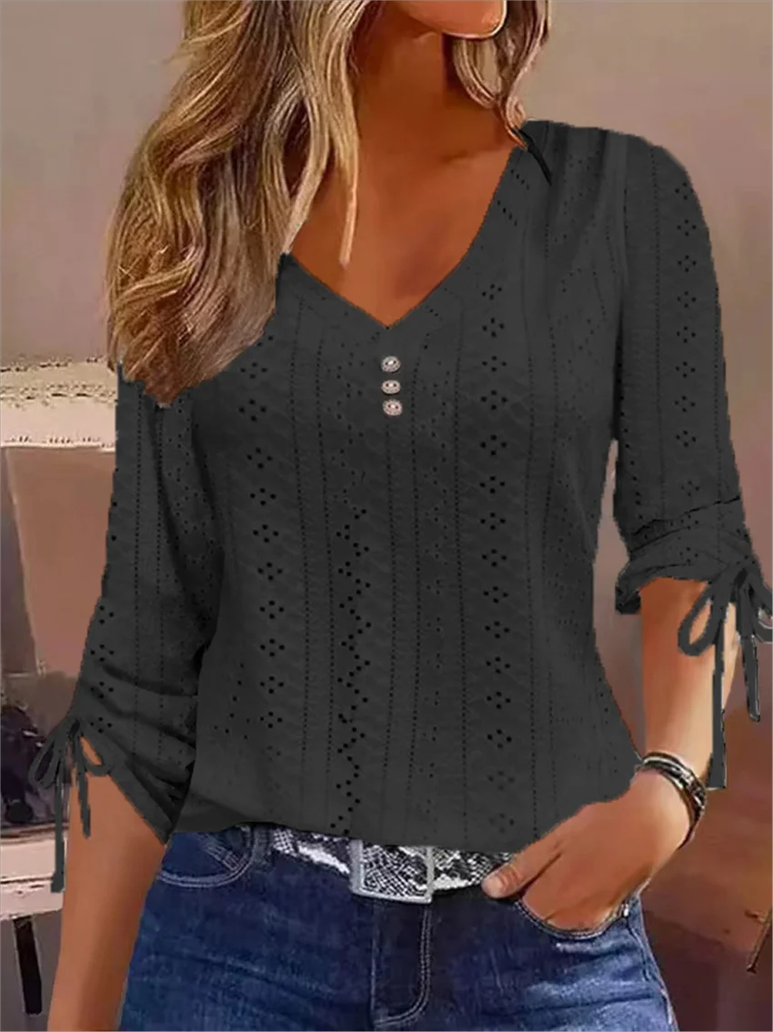 Europäisches und amerikanisches grenzüberschreitendes neues einfarbiges Jacquard-Langarm-T-Shirt mit Knöpfen – Detail 3
