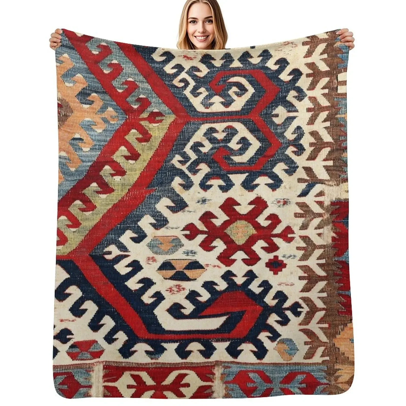 

HotamisAntique Konya Turkish Kilim Print Throw Blanket Furry Sleeping Bag blankets ands Hairy Blanket