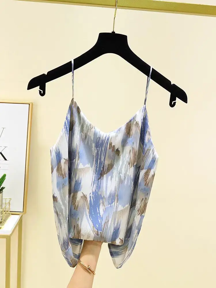 2024 Summer New Oil Painting Halter Vest Women Silk Satin Soft Tank Top Camisole Feminine High Quality