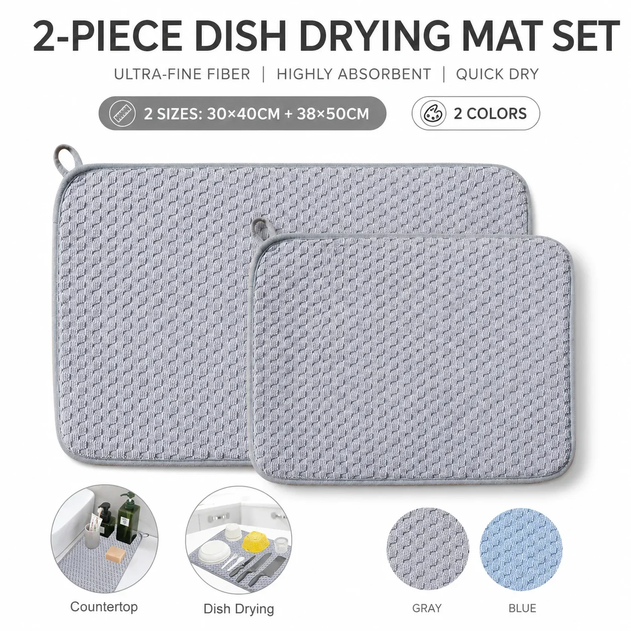 2 Pack Microfiber Dish Drying Mat Super Absorbent Kitchen Counter Pad Heat Resistant Trivet Mat For Bowls Plates Pots
