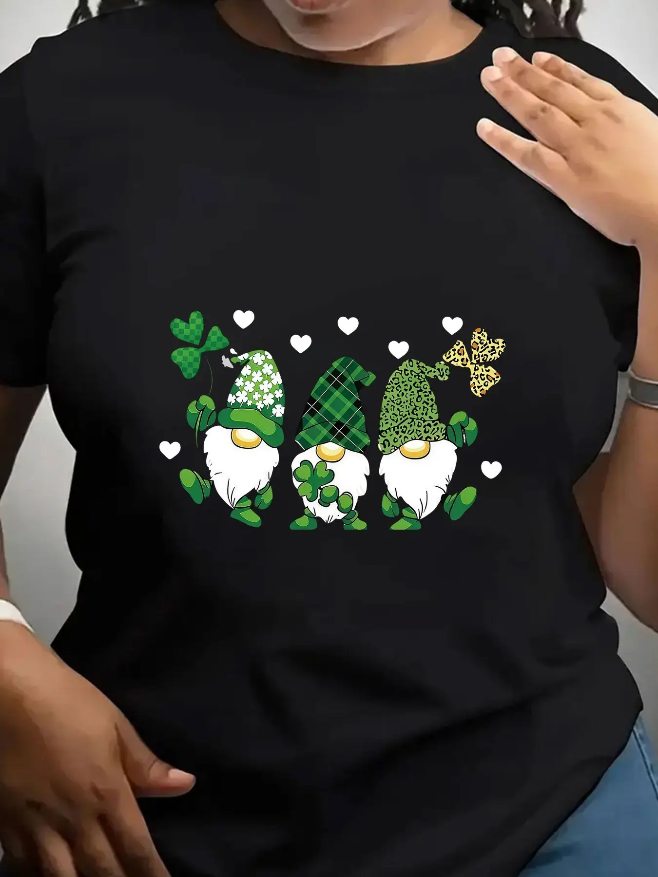 Women's Trendy Crew Neck T-Shirt Three Green St Patrick Gnomes Suitable for Casual Sportswear