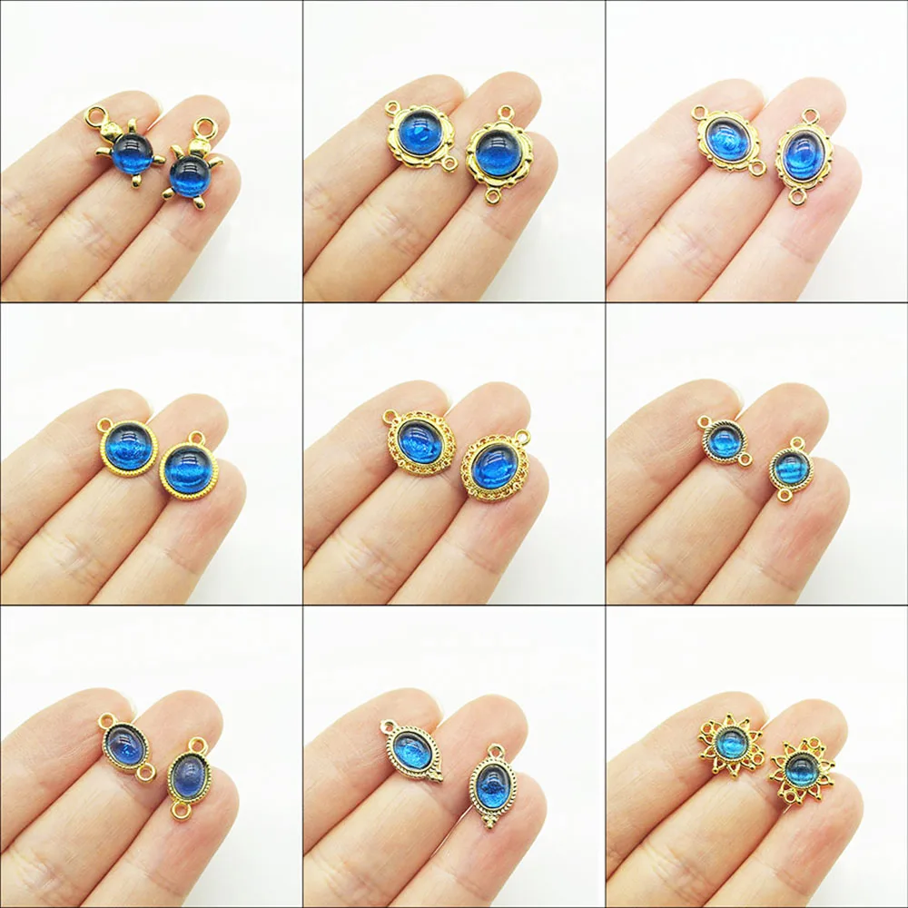 Ovale Tieranhänger mit Blumenmuster, blaue Glasur, vergoldete Anhänger im Retro-Stil