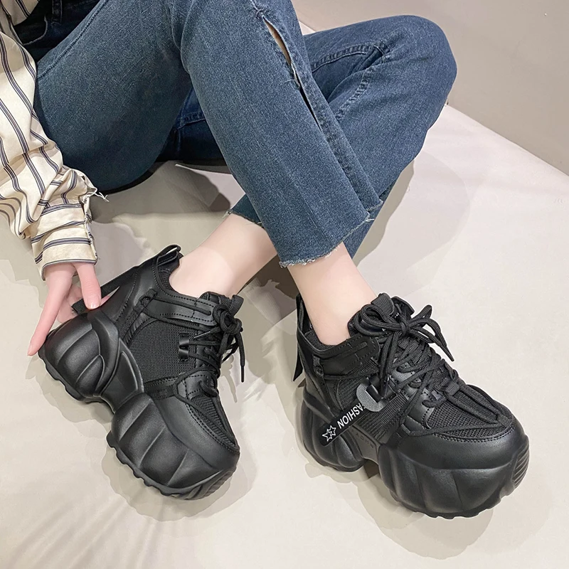 Fashion Black Chunky Sneakers for Women 2023 Spring Hidden Heels Platform Sports Shoes Woman Thick Sole Breathable Casual Shoes