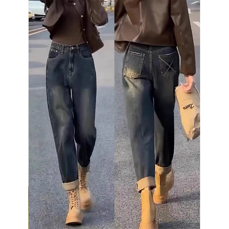 حجم كبير المرأة عالية الخصر فضفاضة تناسب الدينيم الجينز هارلان Sle الخريف Faion حجم كبير الدهون مم القطن تمتد الدينيم السراويل