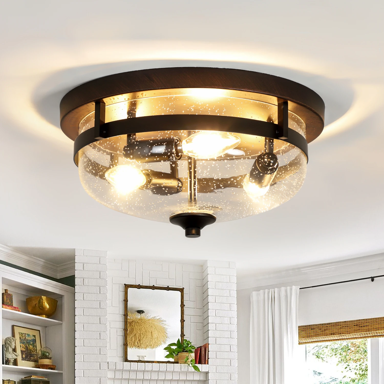 

Depuley Flush Mount Ceiling Light 15'' Industrial Close to Ceiling Light Fixture with Seeded Glass Shade for Hallway Kitchen