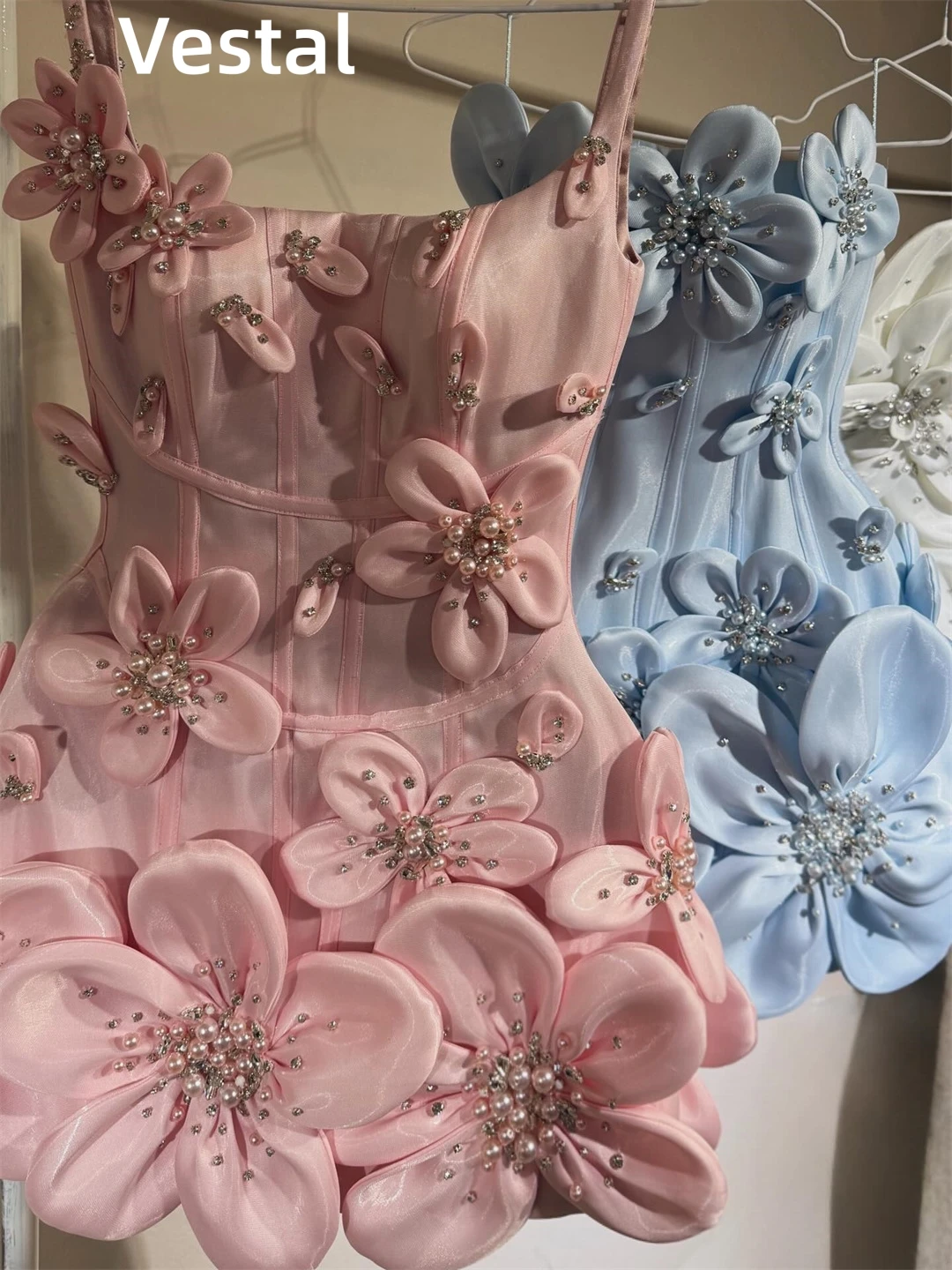 

Spaghetti Strap 3D Flower Beaded Corset Mini Dress Rhinestone Embellished Short Evening Party Cocktail Gown Birthday Customized