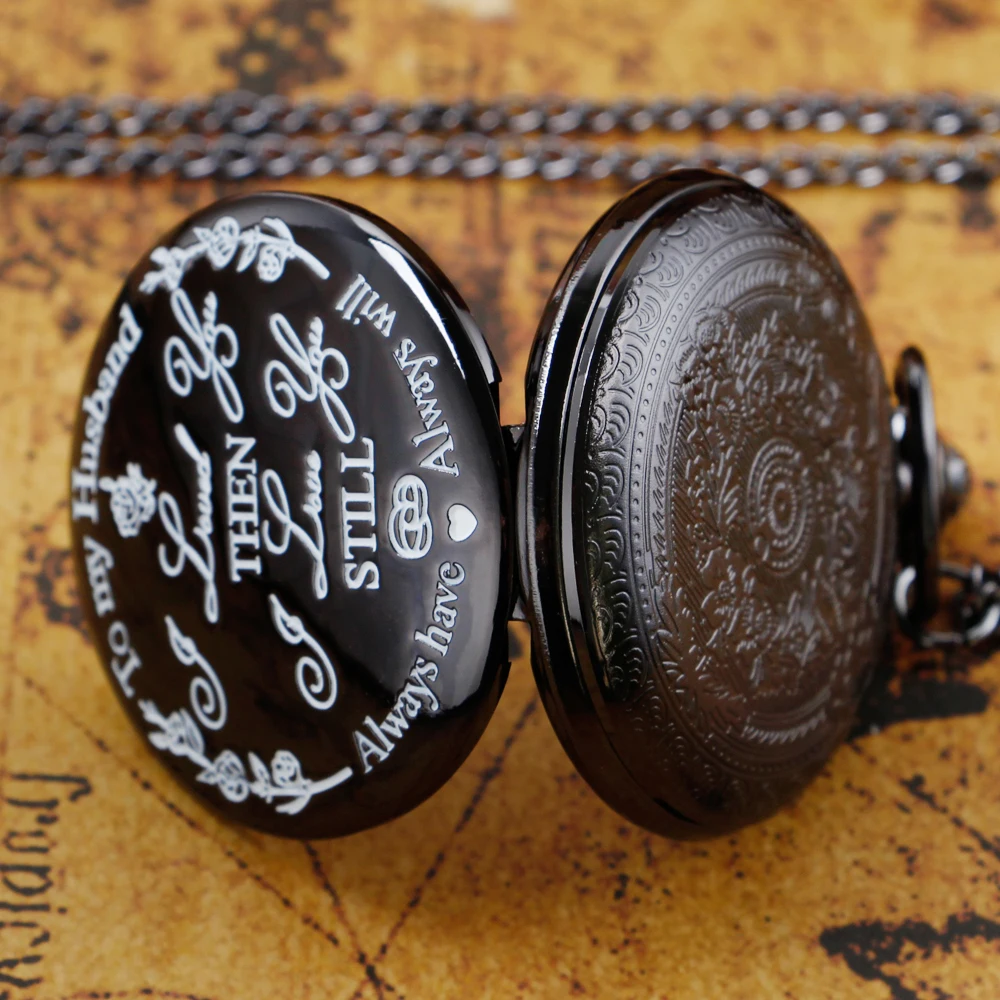 To My Husband Pendant Men Quartz Pocket Watch Luxury Black Fob Chain Clock Pocket FOB Watch for Valentine's Day Birthday Gift