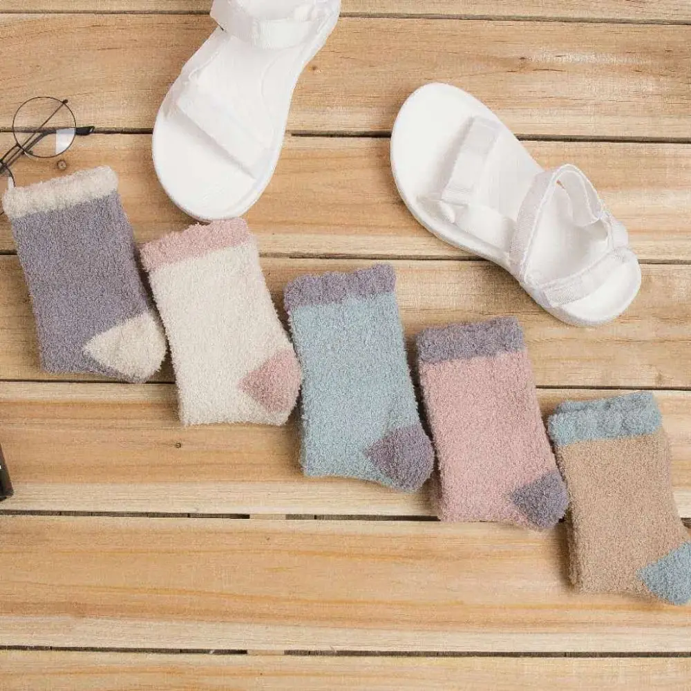 5Pairs Creative Thickened Coral Fleece Socks Patchwork Sleeping Floor Plush Socks Hosiery Simple Warm Boat Socks Women Autumn