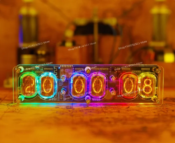 IN12 レトログローチューブクロック、デスクトップ雰囲気ライト、自動時間調整、RGBバックライト。 誕生日プレゼント