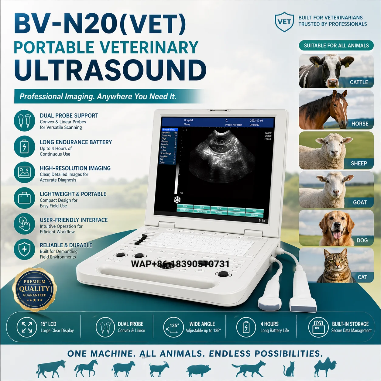 BV-N20 new all-digital animal ultrasound scanner 4.5 hours of continuous use, veterinary  test B machine, factory whole