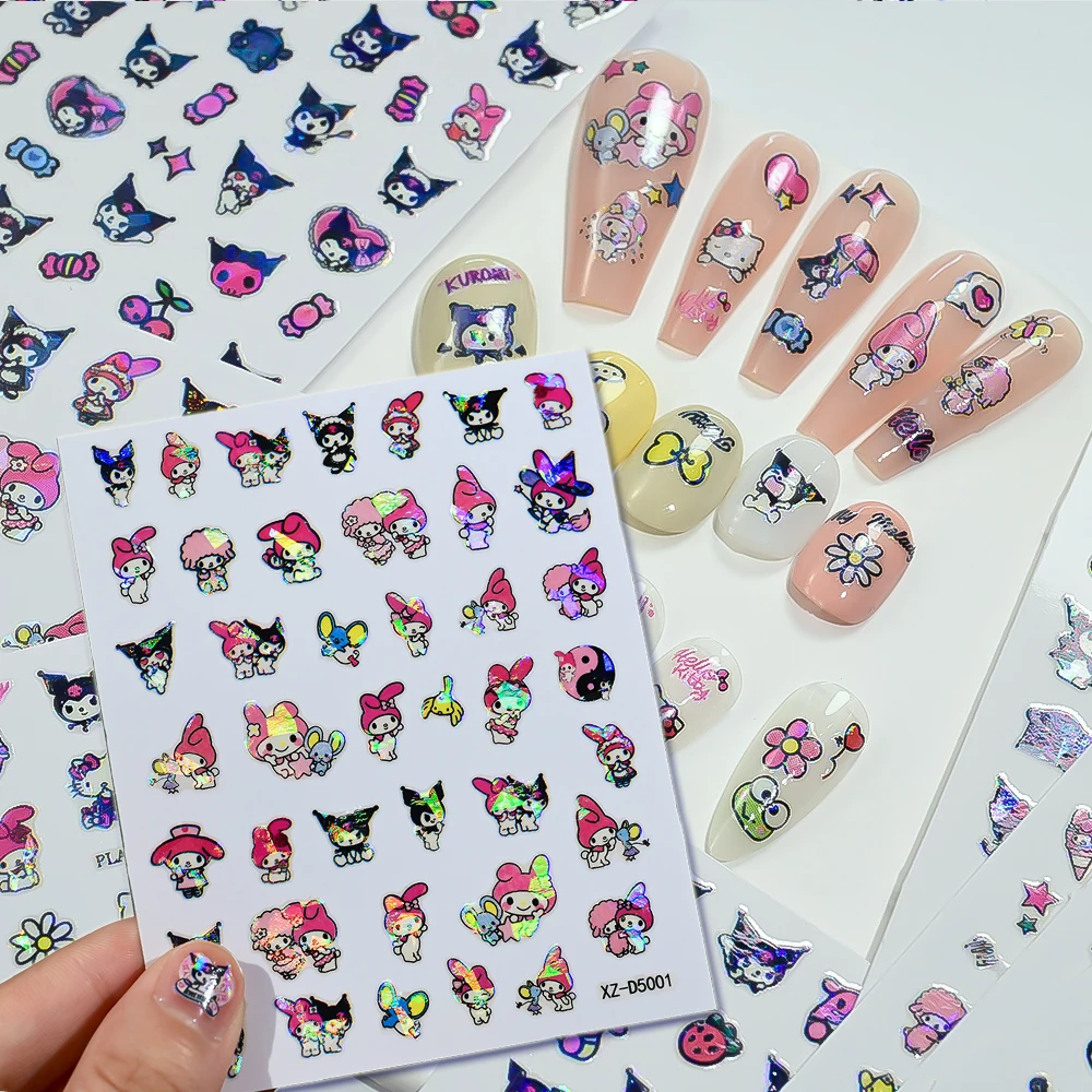 12 hojas de pegatinas 3D para uñas de pequeño diablo Kuromi para niñas, brillo láser Kawaii, calcomanía para uñas con melodía de Hellokitty, manicura de personajes de Anime