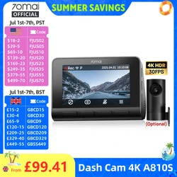 70mai Dash Cam 4K A810S HDR IMX678 Supercapacitor 4G LTE Remote Control Wi-Fi 6 Voice Control GPS ADAS Car Camera 70mai A810S