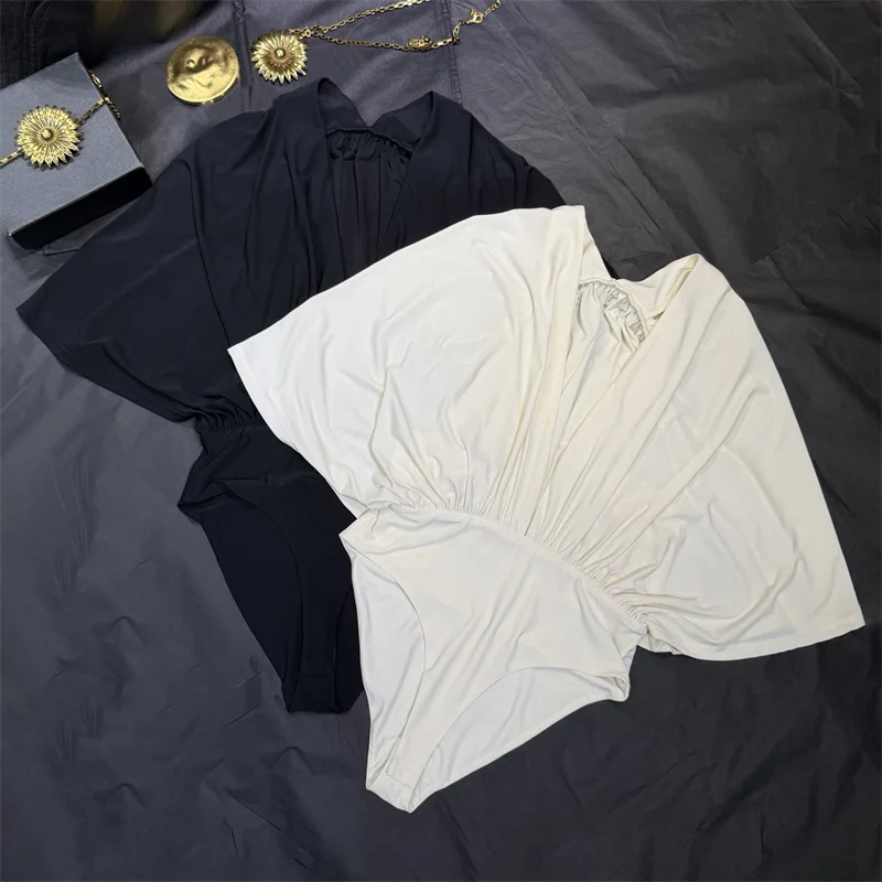 women's bodysuit 2026 Summer New Bat sleeve loose women's bodys Sexy V-neck sleeveless top Elastic knit women's tops pullover