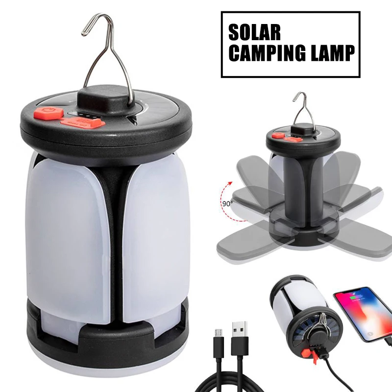 Foldable LED Solar Light Rechargeable Portable Household Waterproof Outdoor Strong Light Camping Light Hook Tent Light