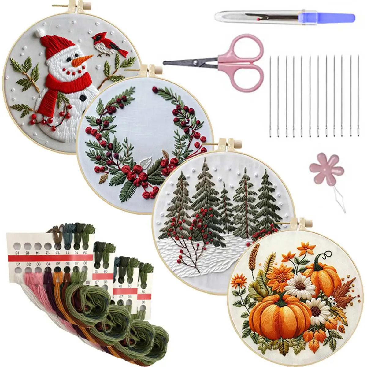 4Sets Mixed Unfinished Embroidery Kit 3D Christmas Theme DIY Handwork Sewing Cross Stitch Set Crafts Thread Tools Material Pack