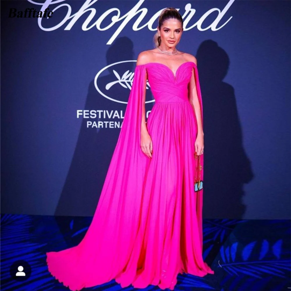 

Bafftafe A Line Fuchsia Chiffon Prom Dresses Open Long Sleeves Women Celebrity Dress Off The Shoulder Formal Evening Party Gowns