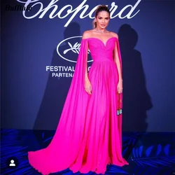 A Line Fuchsia Chiffon Prom Dresses Open Long Sleeves Women Celebrity Dress Off  Shoulder Customized Formal Evening Party Gowns