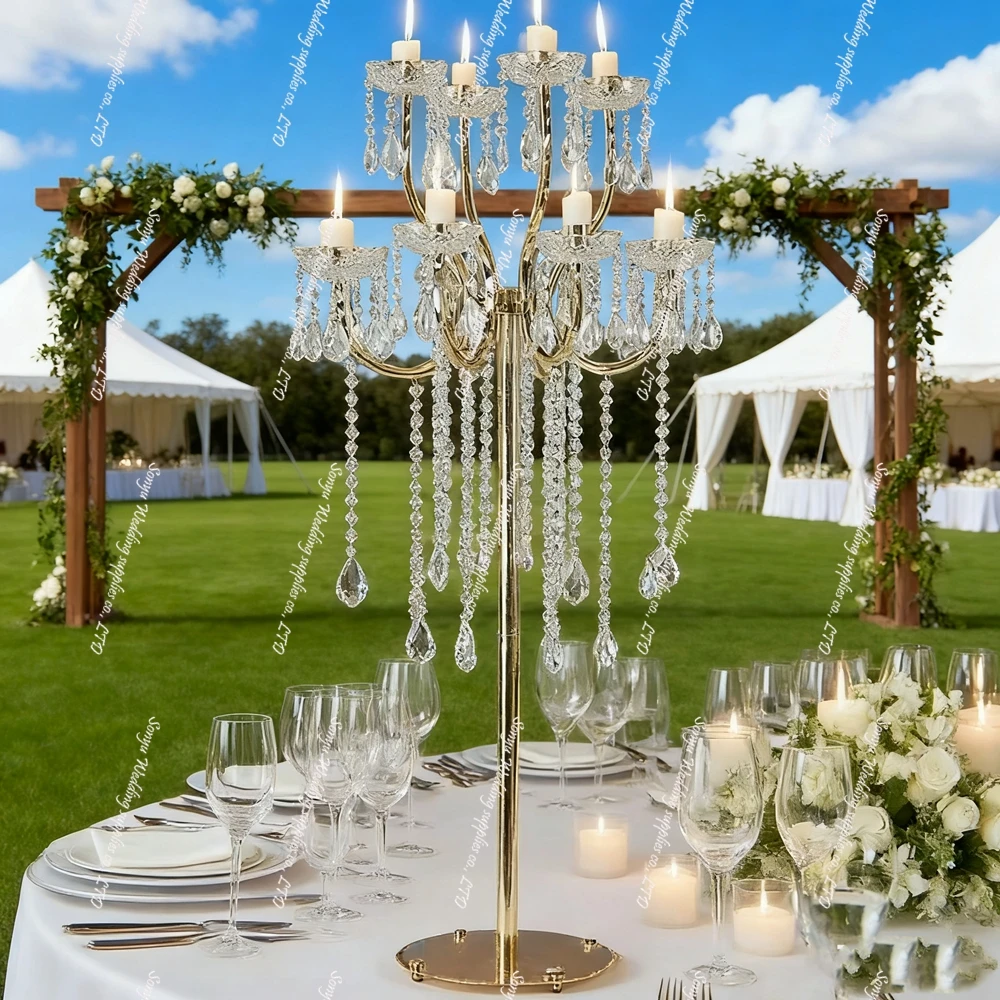

5-8pcs 120cm f30 tall 12 arms Crystal Pendants Metal Candelabra Wedding candlestick holder Centerpiece for Home Decorations