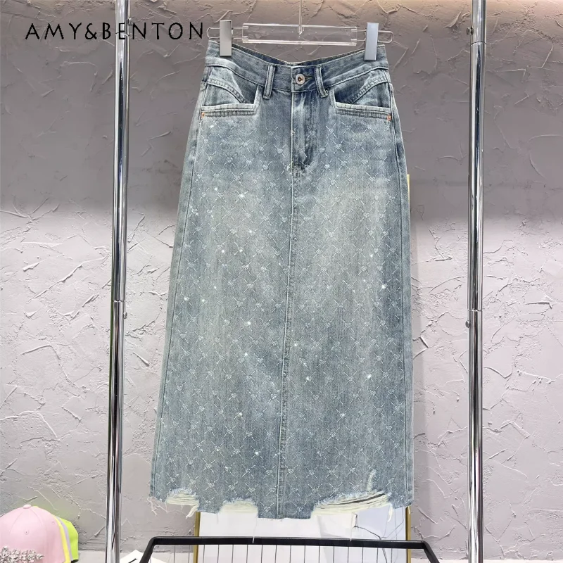 

New Thin Section High Waist All-Matching Skirt Small Heart-Shaped Full Of Diamond Denim Skirt Women's Back Slit Mid-Length Skirt