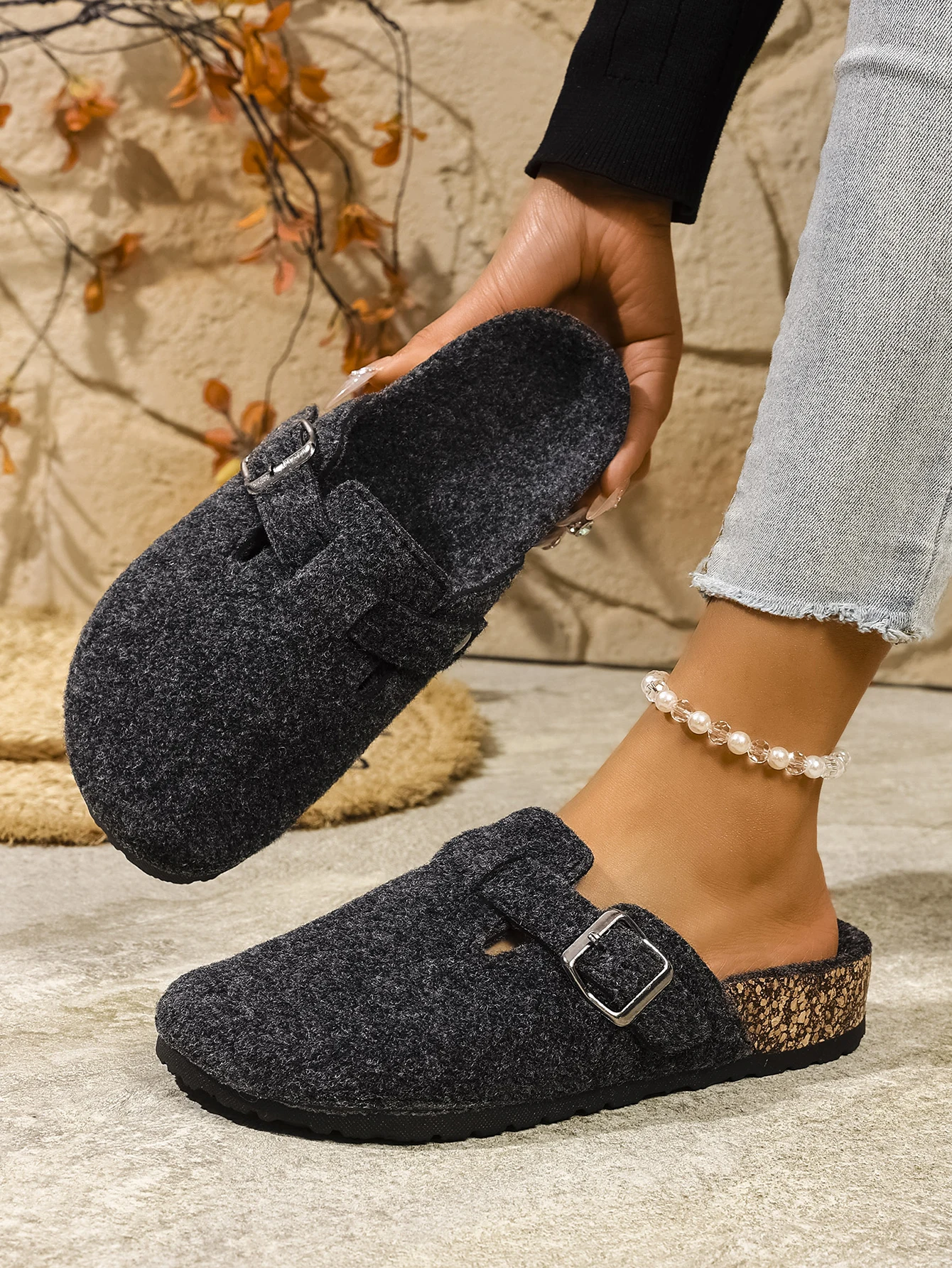 المرأة الربيع والخريف عادية بسيطة الصوف العلوي دافئ ومريح شقة الانزلاق على الفلين الحبوب مغلقة تو النعال البغال