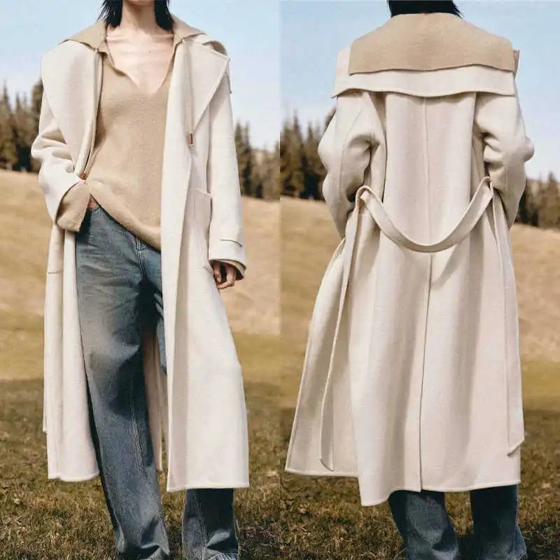 

Autumn Winter Women Long Overcoat 1 Piece Woolen With Belt Coat Loose Fashion Outdoors Warm Occasion Custom Made