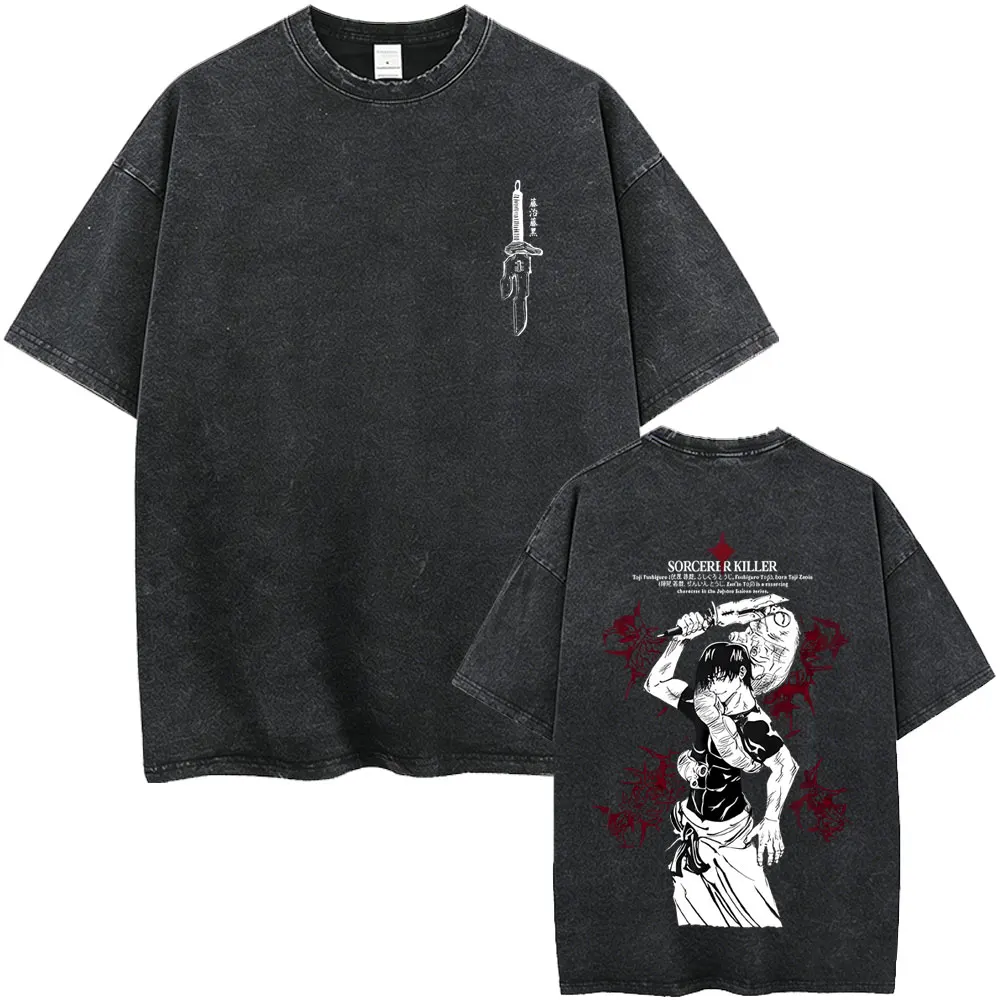 

Anime Jujutsu Kaisen Fushiguro Toji Sorcerer Killer Vintage Washed T Shirt Men Cartoon Manga Oversized T-shirts Male Streetwear