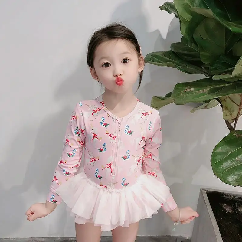 プリンセススタイル長袖子供用水着ベビーかわいいスカートワンピース水着女性子供用水着カジュアルサーフスーツ