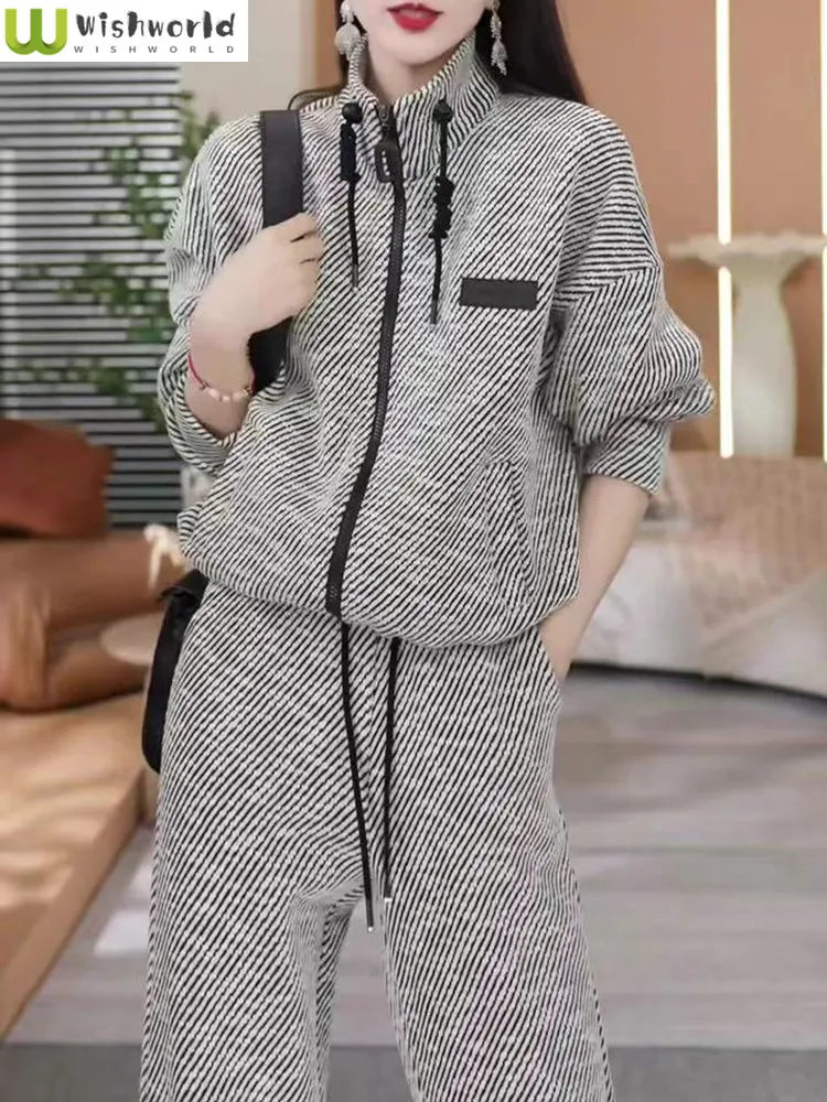 Moda Casualowy top w paski Sportowy dwuczęściowy zestaw dla kobiet Wiosna i jesień Nowy styl Luźne i wąskie spodnie z szerokimi nogawkami