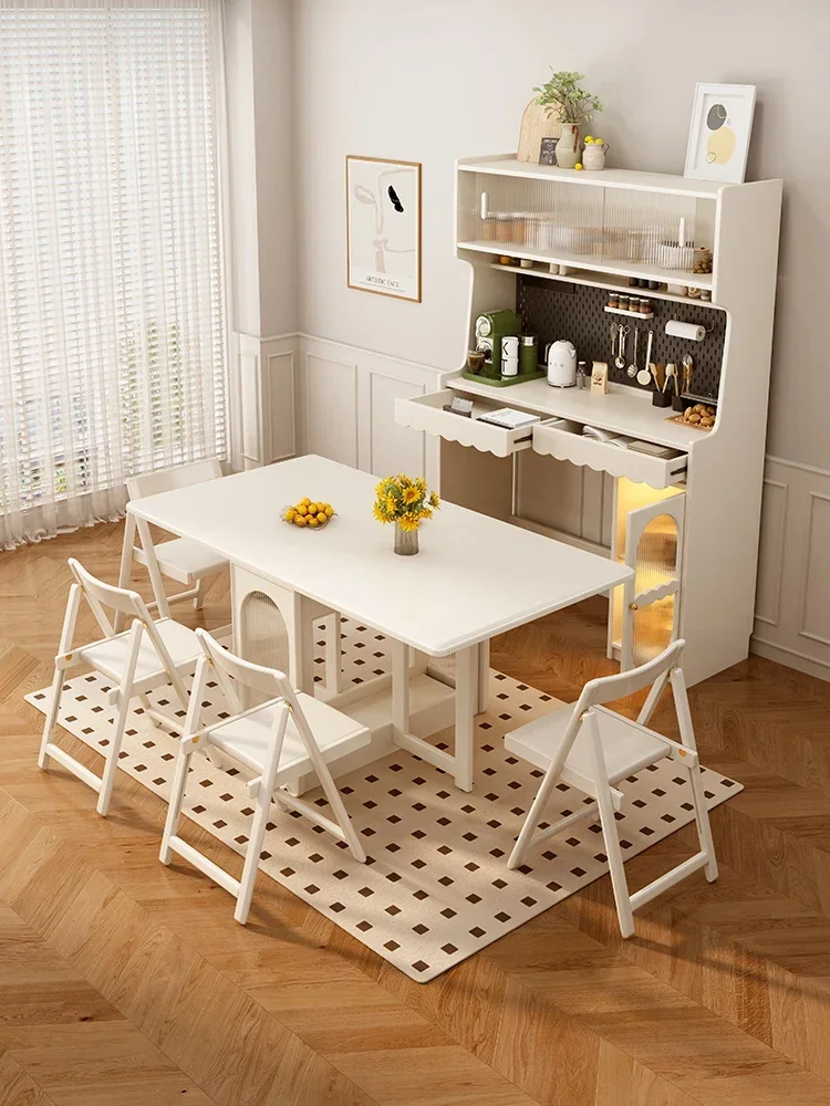 Solid Wood Sideboard Dining Table Integrated Foldable White Wall Locker Kitchen Storage Cabinet