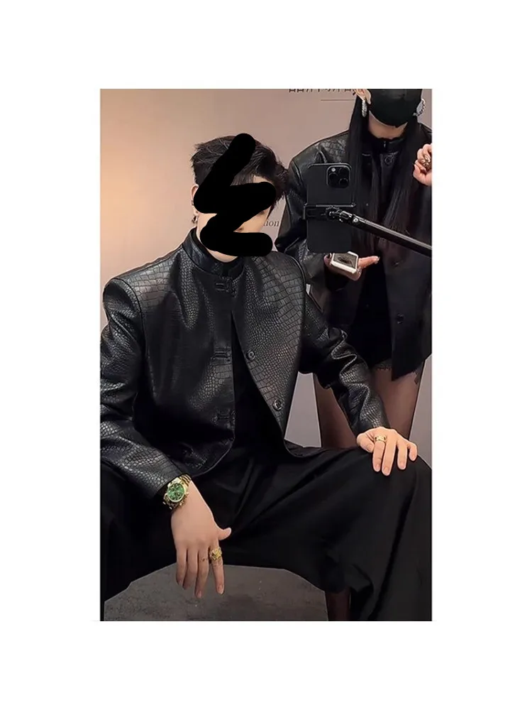 

Casual Spring Autumn Crocodile Pattern PU Leather Jaet Loose Fit Stand Collar Men's Faion Outerwear Lightweight Mature Sle