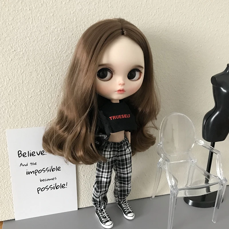 1 Pcs Blythe Doll Clothes Tube Top Sling and Plaid Casual Pants T-shirt Sweatpants Set for Barbie Blyth Licca OB24 Dolls Suit