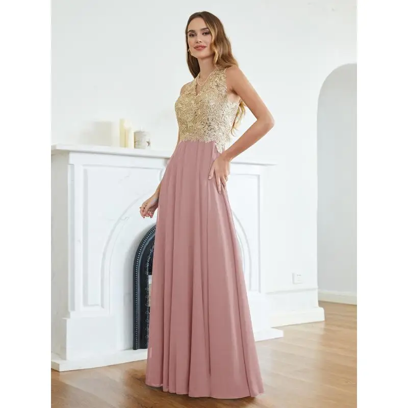 Hot Sale Elegant V-Neck Sleelvess A Line Sparking Gold Appqulies Prom Formal Dresses Women Chiffon Gown Wedding Party Evening