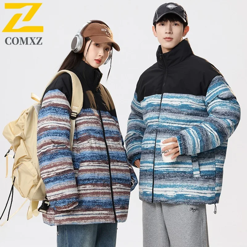 

COMXZ 2025 Men Women Couple Color Block Stand Collar Cotton Jacket Winter Trendy Loose Fit Warm Youth Lightweight Coat