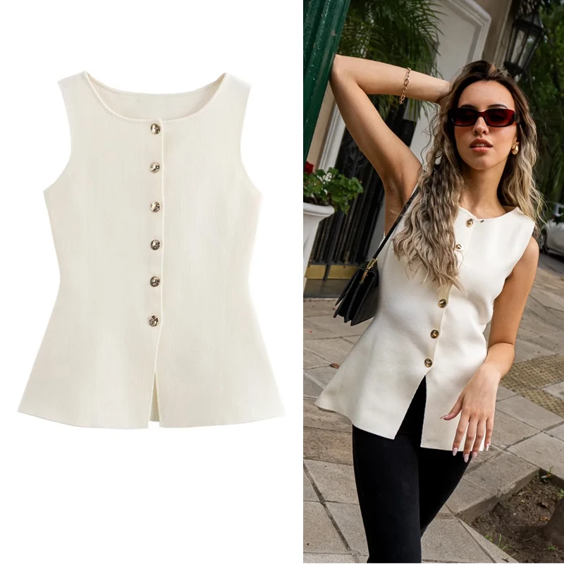 

O-Neck Button Tighten Waist Knitted Vest White Summer Sleeveless Sweaters 2025 Women's Cropped Casual Tops Women Elegant Vests