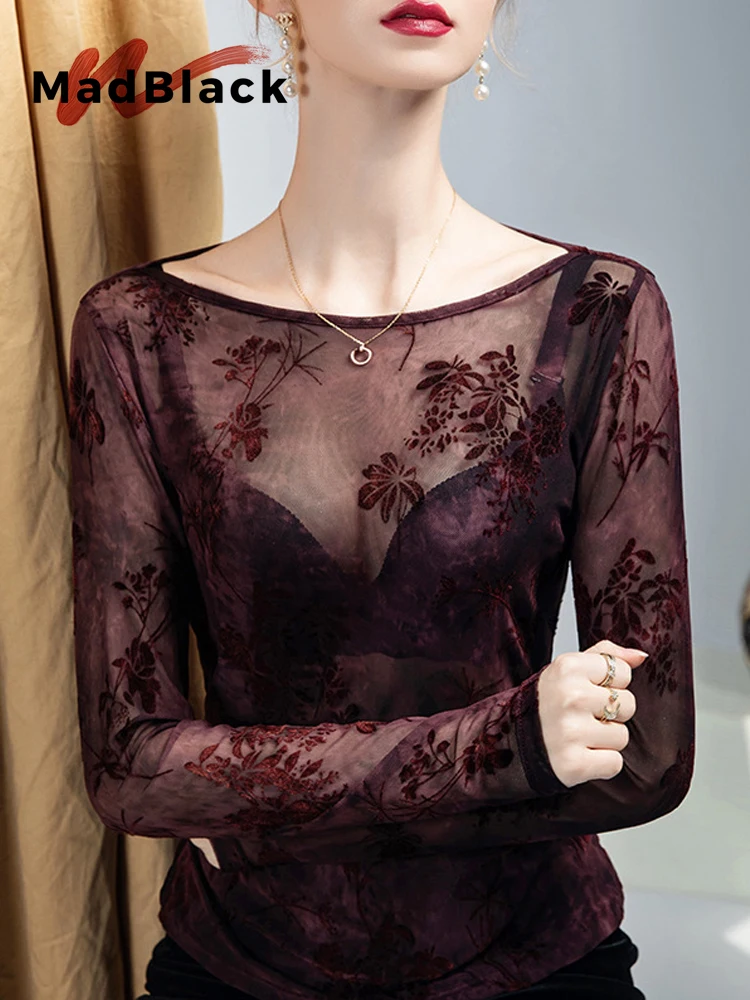 

MadBlack-Women European Flocking T-Shirt, Sexy O Neck Print, Streetwear Long Sleeve Slim S-3XL Sheer Tee, 2025 Winter T5D164CC