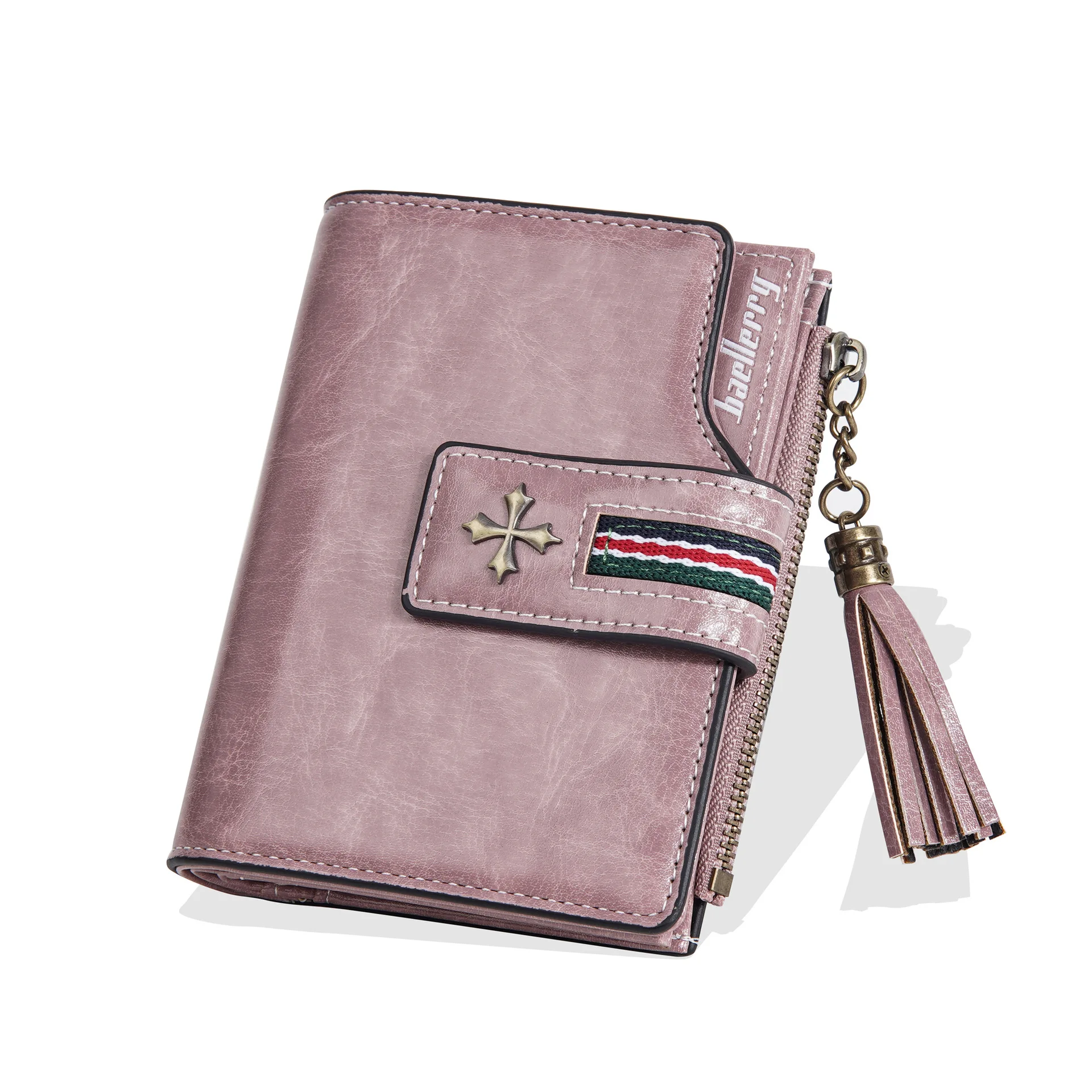Neue PU-Damenbrieftasche mit Ölwachs-Lederquasten, Modische Dreifach Gefaltete Kurze Geldbörse, Mehrfach-Fach Reißverschluss-Münzbörse – Detail 16