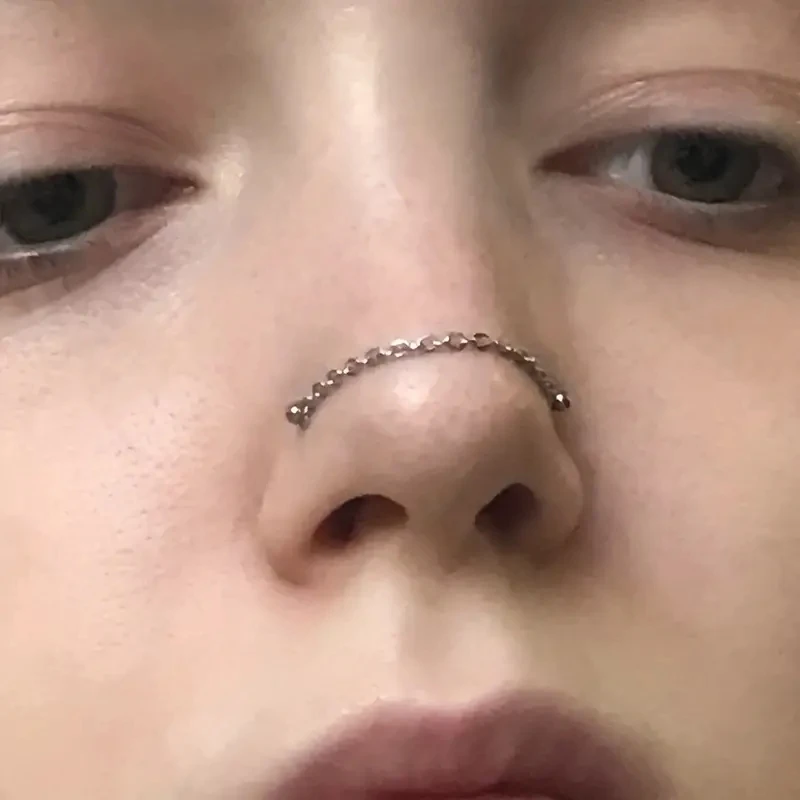 1pc Nose Ring With Chain Double Piercing Nose Stud Zircon L Shaped Stainless Steel Nostril Body Jewelry