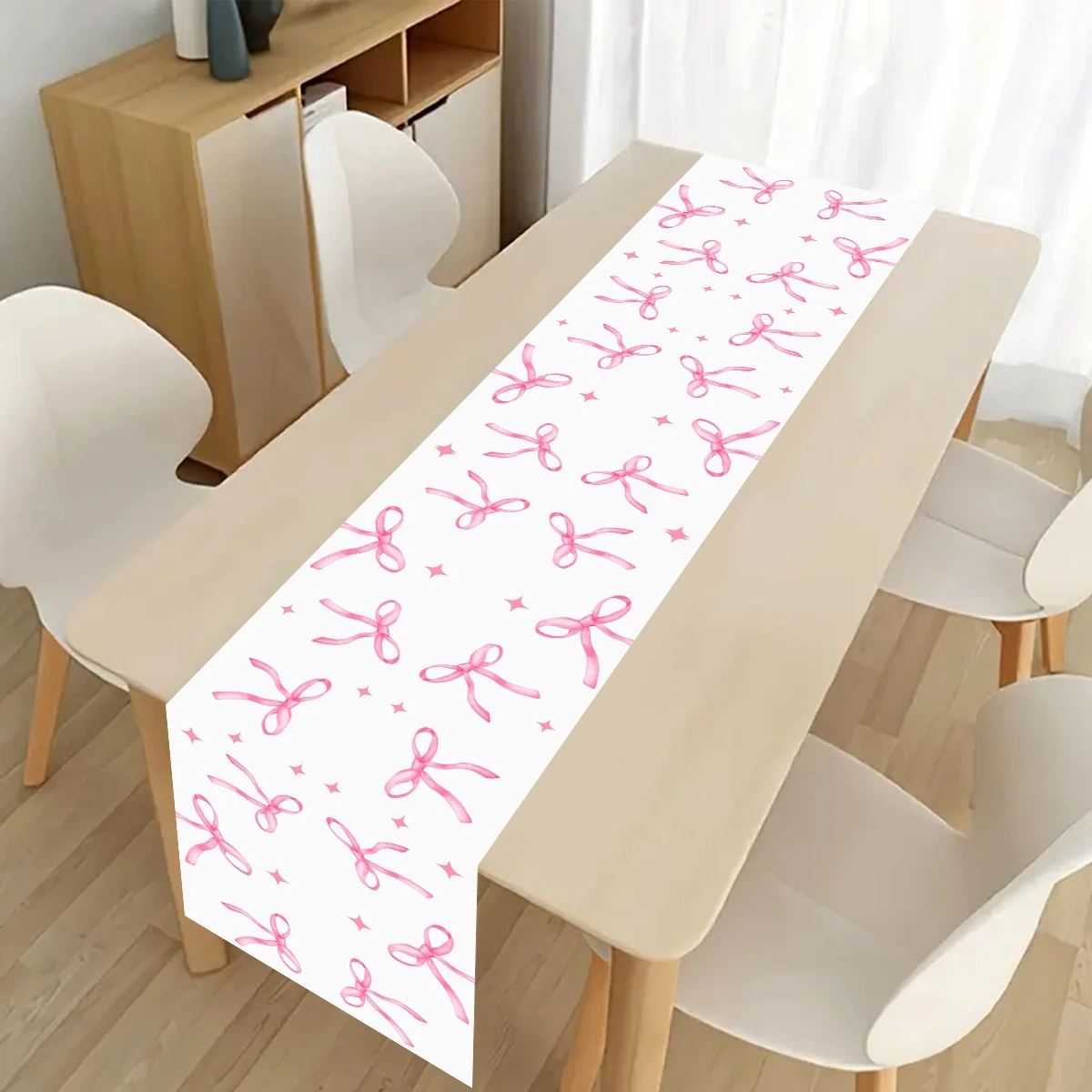 Pink Bow Table Runner 180cm Sweet Bowknot Printed Polyester Table Runner Valentine's Day Coquette Girls Birthday Party Decor