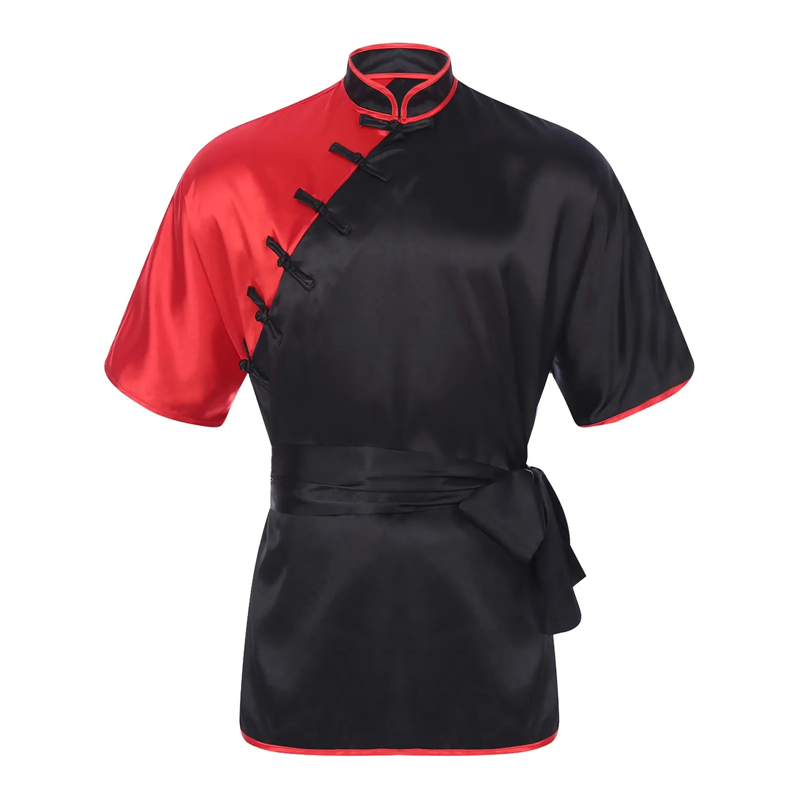 

Chinese Style Men Tai chi Wushu Uniform Kung Fu Shirt with Belt Outdoor Sport Jacket Short Sleeve Shirt Blouses for Martial Arts