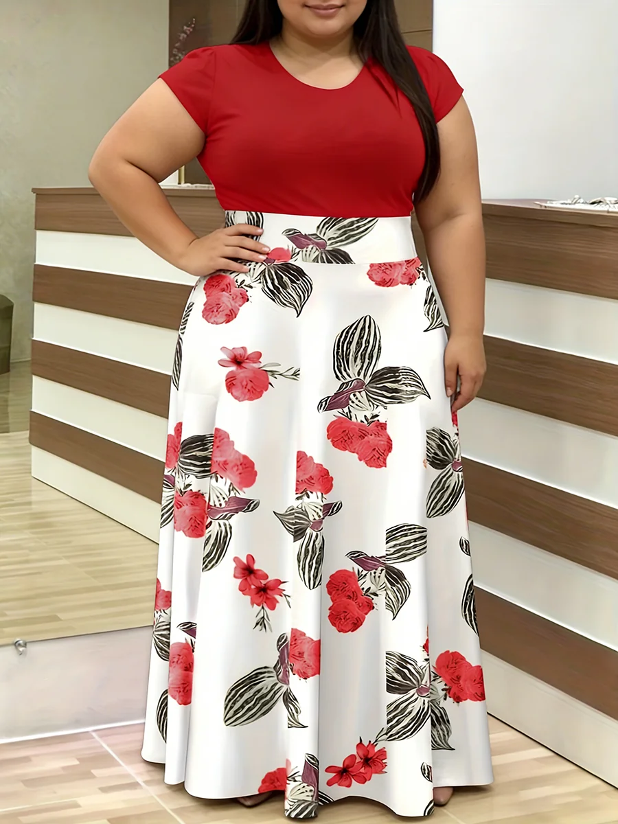 

Plus Size Women's Dress Crew Neck Short Sleeve Floral Print High Waist A-Line Maxi Dress Chic Spring Summer Daily Light Dress